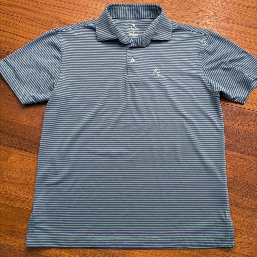 RHOBACK Men's teal and blue strip short sleeve golf performance polo size small